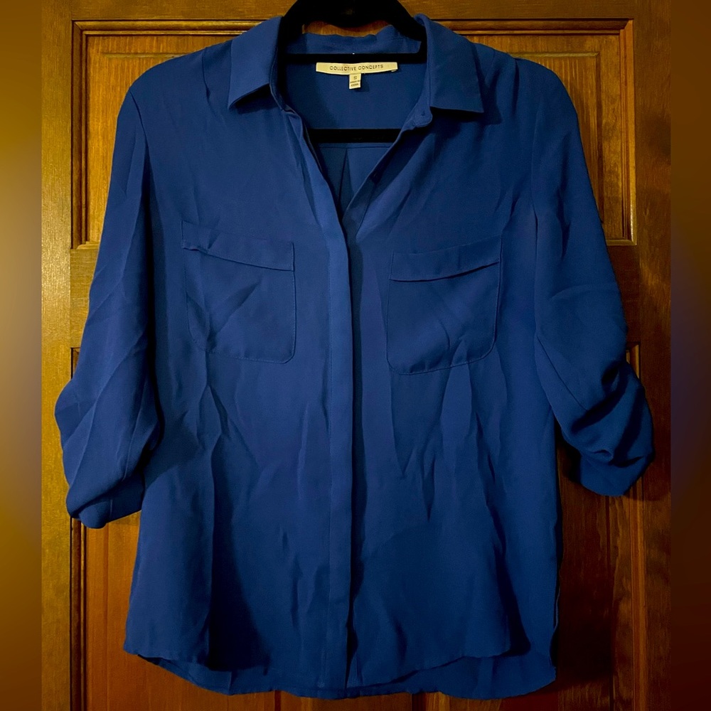 Collective Concepts Royal Blue Roll Tab Sleeve Button Up Blouse